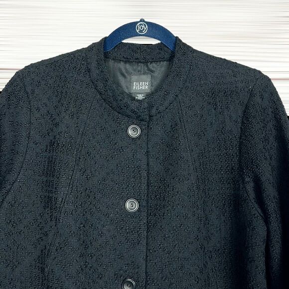 Eileen Fisher Textured Black Wool Swing Coat Silk Lined 3/4 Sleeve Band Collar S - Picture 4 of 13